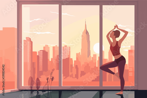 A girl practices yoga early in the morning at home in New York. Skyscrapers in the background.