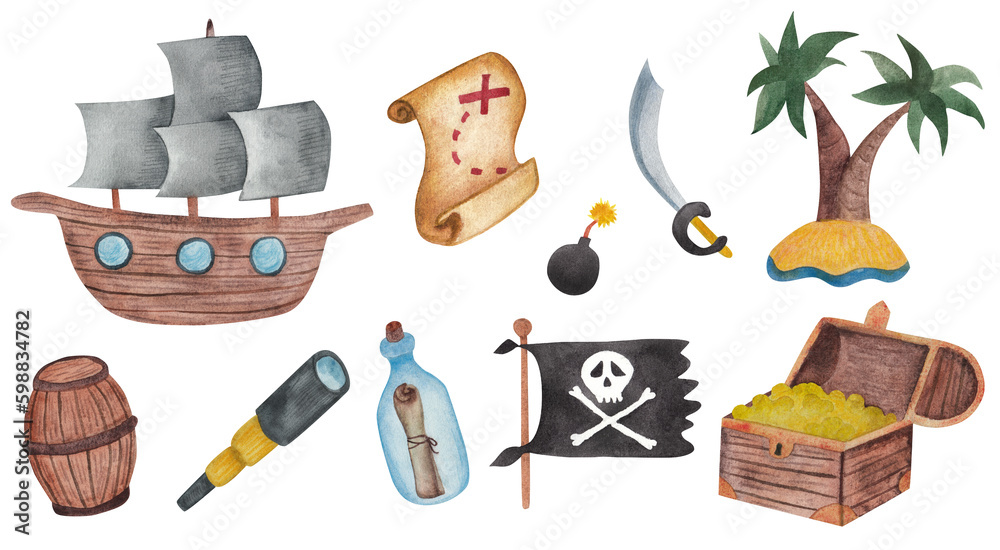 Naklejka premium Set of pirate spyglass, flag, boat, bomb, map, treasure, etc., watercolor illustration