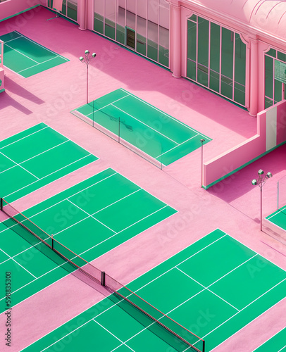 Sports summer concept, sports activities and recreation. Tennis court and colorful tennis balls. Abstract pink and green background. Illustration, Generative AI.