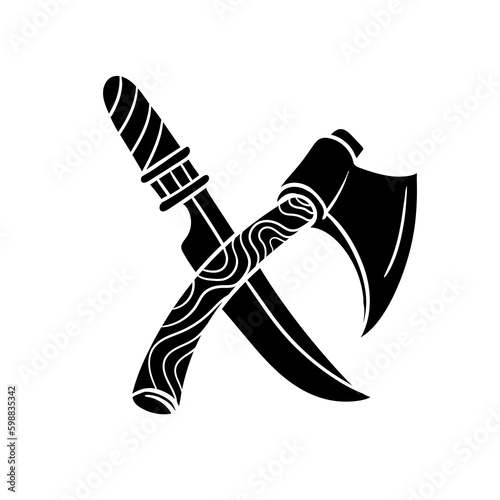 Hand drawn illustration of knife and axe silhouette