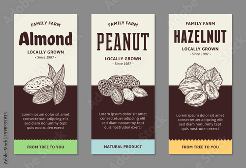 Set of vector nuts food label template, nuts packaging design