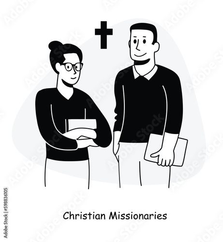 Man and woman Christian missionaries with a Bible. Pastor in chu