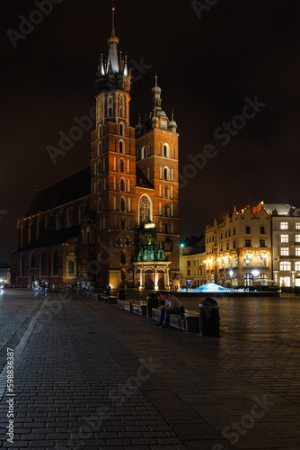 St. Mary's Basilica (Church of Our Lady Assumed into Heaven) in Krakow, Poland at night