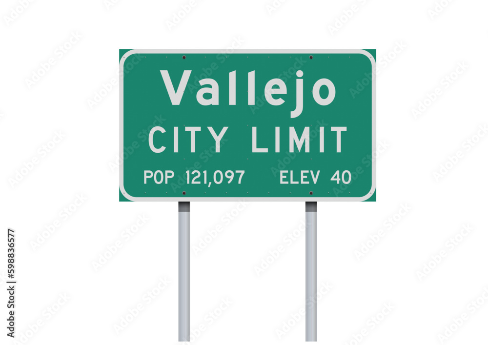 Vector illustration of the Vallejo (California) City Limit green road sign on metallic posts Vector illustration of the Vallejo (California) City Limit green road sign on metallic posts