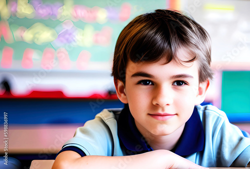 boy student in classroom. Generative Ai.