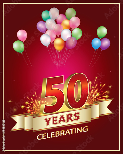 50 years anniversary celebration. Golden numbers with fireworks on a red background with ribbon and balloons. Vector illustration