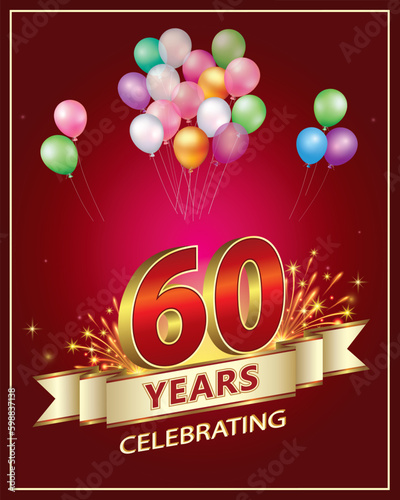 60 years anniversary celebration. Golden numbers with fireworks on a red background with ribbon and balloons. Vector illustration