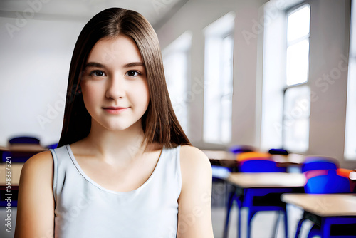 beautiful young woman student in classroom. Generative Ai.