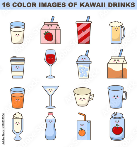 Cute drinks stickers or icons set. Kawaii beverages in the glass or package