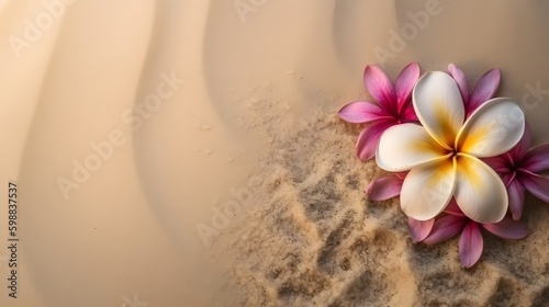 frangipani flowers on the sand  Plumeria flowers on the beach on the sand. Summer Background Ai generative