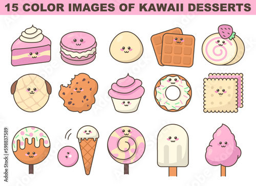 Cute desserts and pastries stickers or icons set. Kawaii sweet dishes