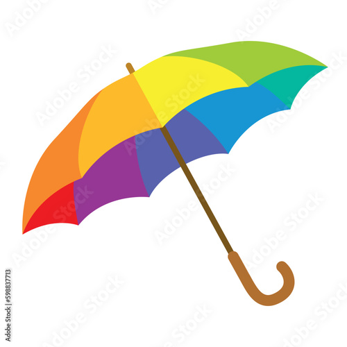 Rainbow colored open umbrella with wooden brown handle - creates happiness in any weather, no matter whether it rains, drizzles, snows or hails. Isolated vector illustration on white background.
