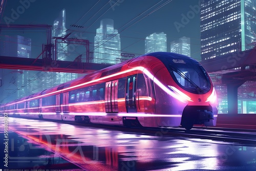 High speed train at station and blurred cityscape at night on background. Futuristic Fast Train Ai generative