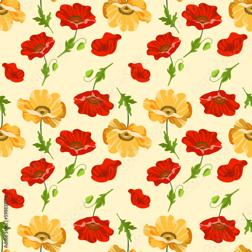 Seamless poppy flower pattern with hand drawn colored blooms on yellow background. Floral ornament for background  wallpaper  greeting card  packaging  printing  fabric  textiles. Vector illustration.