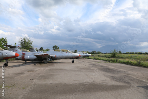 abandoned damaged russian military airplane Aero L-29 Delfine