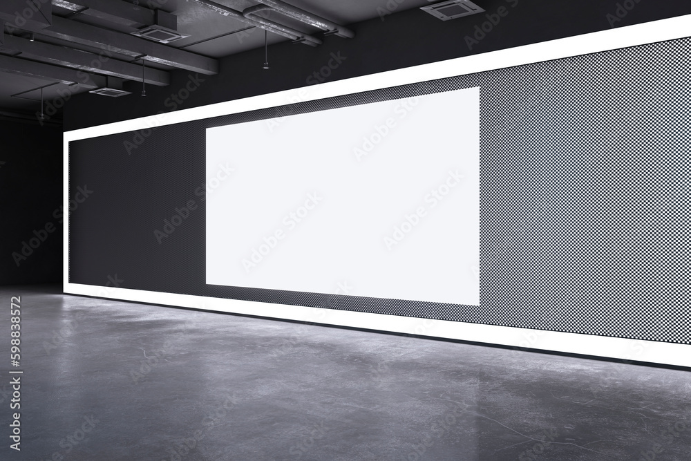 Fototapeta Modern dark grunge concrete exhibition hall interior with blank white mock up banner on wall. 3D Rendering.
