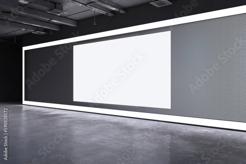 Fototapete Modern dark grunge concrete exhibition hall interior with blank white mock up banner on wall