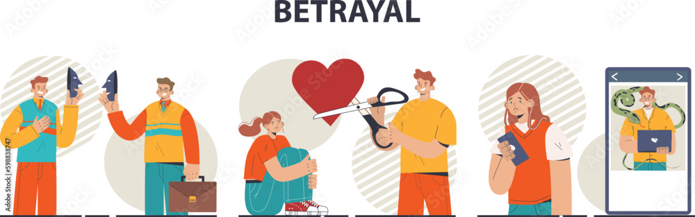 Betrayal concept set. Dishonest partnership or fake agreement. Hidden threat Betrayal concept set. Dishonest partnership or fake agreement. Hidden threat