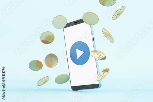 Abstract image of smartphone screen with play button and golden doller coins rain on light blue backdrop. Cash back and gambling concept. 3D Rendering. © Who is Danny