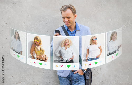 Man viewing different women profiles on dating app. Concept of online dating.