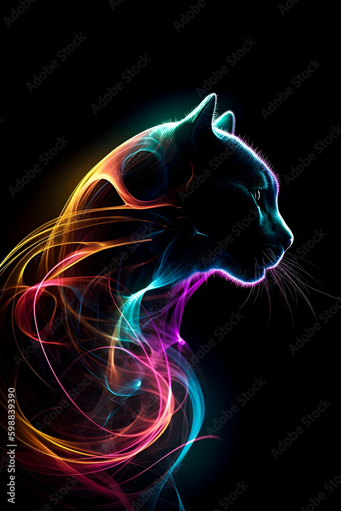 Abstract painting concept. Colorful artistic cat on black background. Animals. Generative AI.