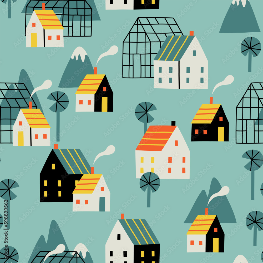 pattern with houses and hills in flat style. hand drawn vector illustration.