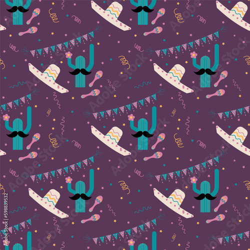 Vector seamless Viva Mexica pattern. Maxican cultural background with sombrero, cactus, mustache, flags, flowers, stars, serpentine and maracas.