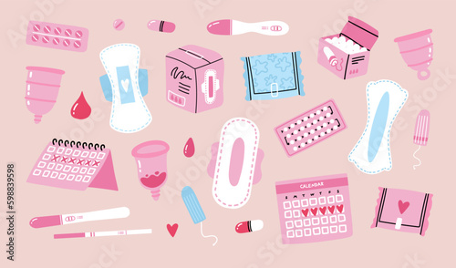 Cute hand drawn menstrual periods set: sanitary pads, tampons, menstrual cup, ovulation pregnancy test, fertility calendar menstruation tracker, birth control pills and feminine intimate hygiene stuff