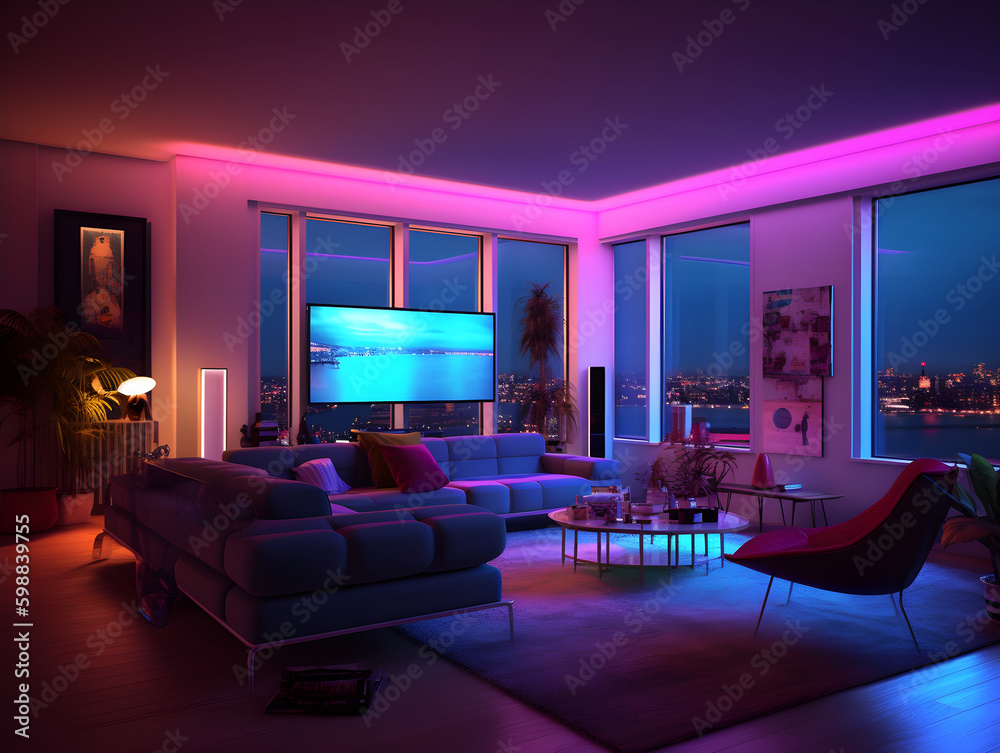 Generative Ai: interior modern living room with neon light Generative Ai: interior modern living room with neon light