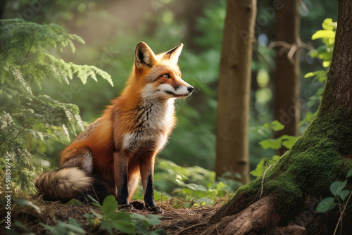 Red fox in summer forest, Generative AI © Aleksandr Bryliaev