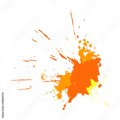 Droped colored blots and dots of paint splatter. Bright yellow orange watercolor and acrylic splashes on white paper. Paint drops, brush strokes for decoration. Isolated vector on white
