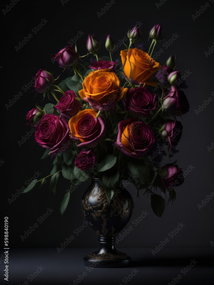 Fototapeta premium A Bouquet of Roses in Gold Vases, Generative AI