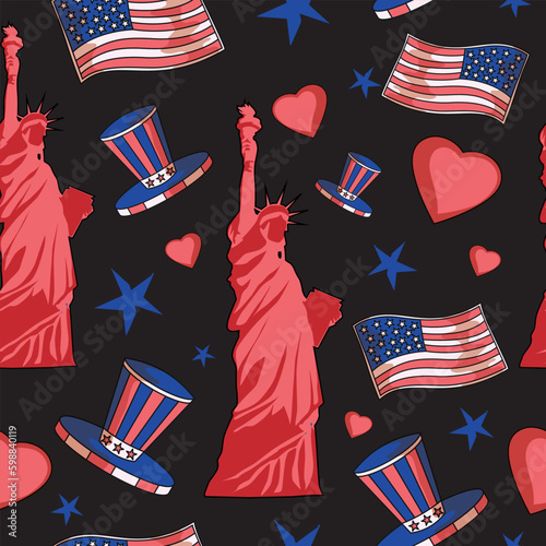 The Statue of Liberty, the American flag, and many stars in the background. Seamless pattern vector background. USA Independence Day decoration.
