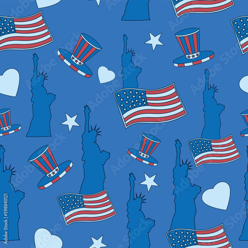 The Statue of Liberty, the American flag, and many stars in the background. Seamless pattern vector background. USA Independence Day decoration.