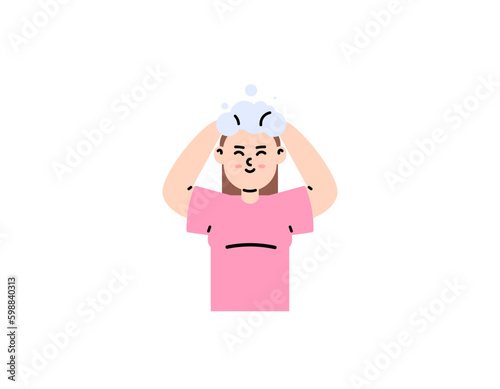 a woman wears shampoo to clean and care her hair. maintain hair health and hygiene. character illustration concept design. vector elements