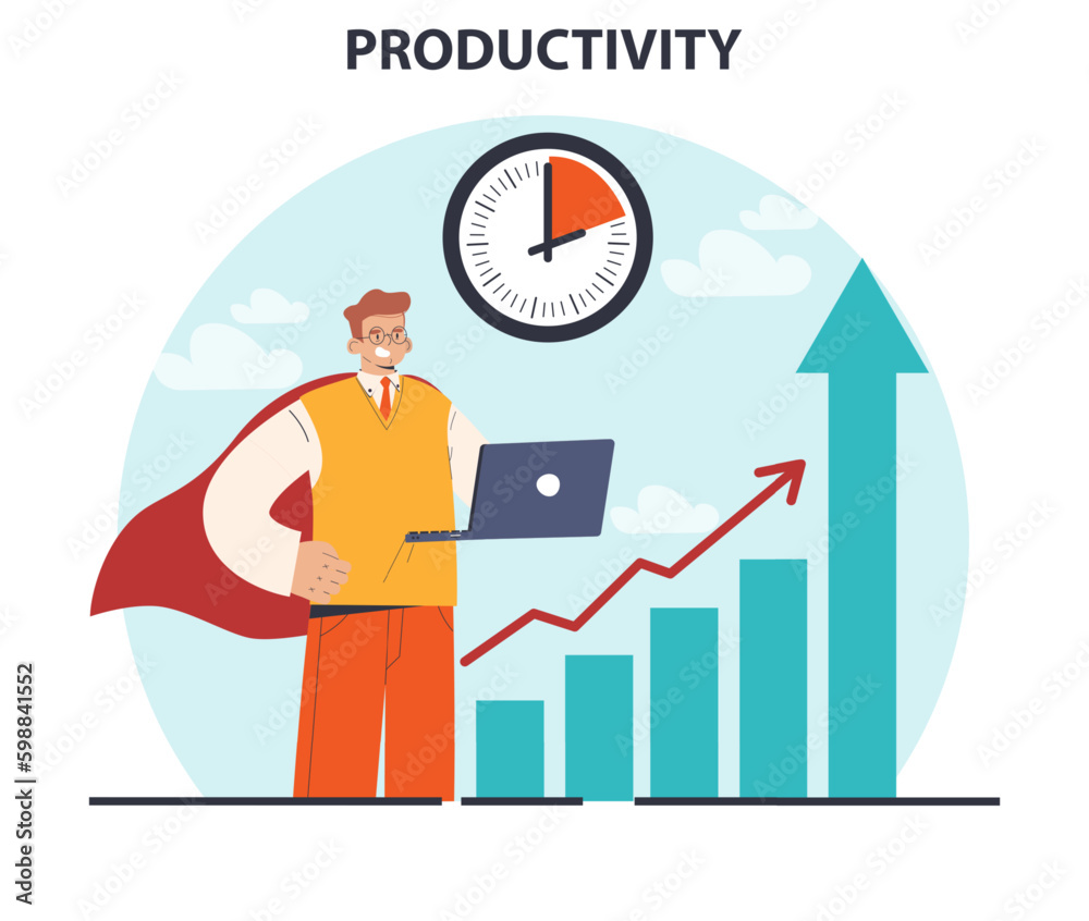 Productivity concept. Character worktime optimization. Employee job