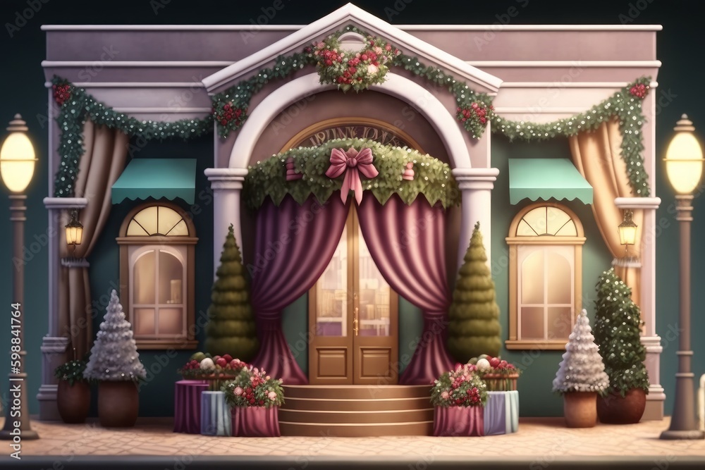 Obraz premium Christmas interior with decorated entrance door. Generative AI illustration. Christmas decorations.