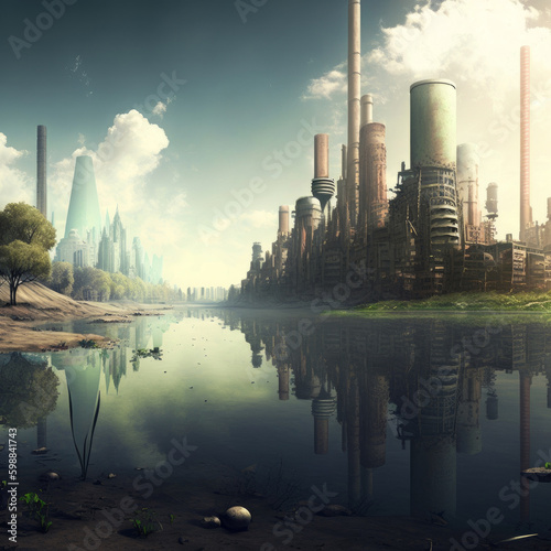 Futuristic industrial landscape with chimneys on the background of water, Generative AI