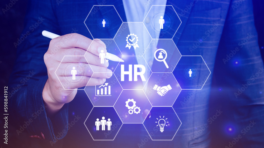 Businessman hand pressing human resources button, Human resources, HR management, employment, headhunting concept, hand holding modern social buttons on virtual background Businessman hand pressing human resources button, Human resources, HR management, employment, headhunting concept, hand holding modern social buttons on virtual background