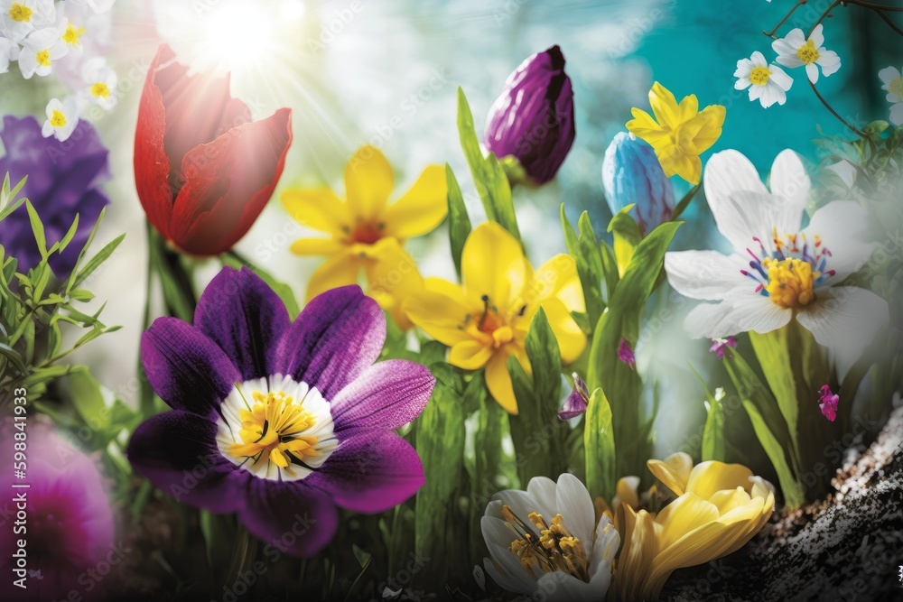 Spring flowers - crocus, tulip, daffodil. Generative AI