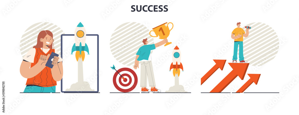 Success concept set. Winning in competition. Getting reward or prize