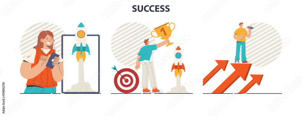 Fototapeta premium Success concept set. Winning in competition. Getting reward or prize