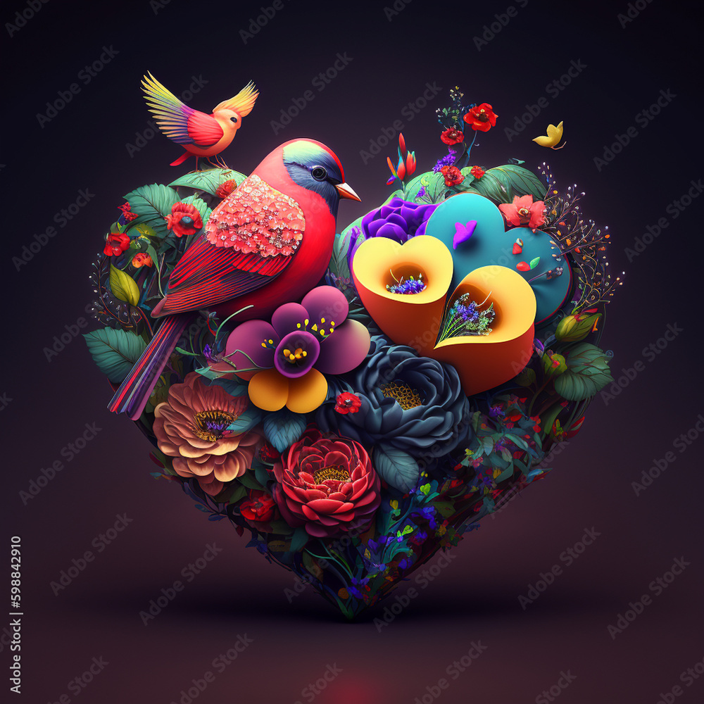 Floral romantic heart, birds and flowers. Valentines love illustration on dark background.