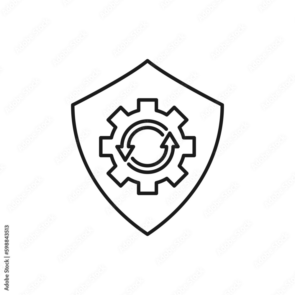 Cogwheel and shield. System upgrades protection line icon isolated on white background. Vector illustration Cogwheel and shield. System upgrades protection line icon isolated on white background. Vector illustration