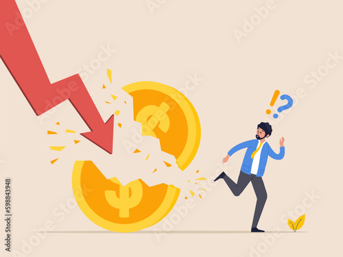 Financial crisis concept. Global economic money problem, Bankruptcy unpaid loan debt, investment failure. Man is running from problem. Business flat vector illustration. Generative AI