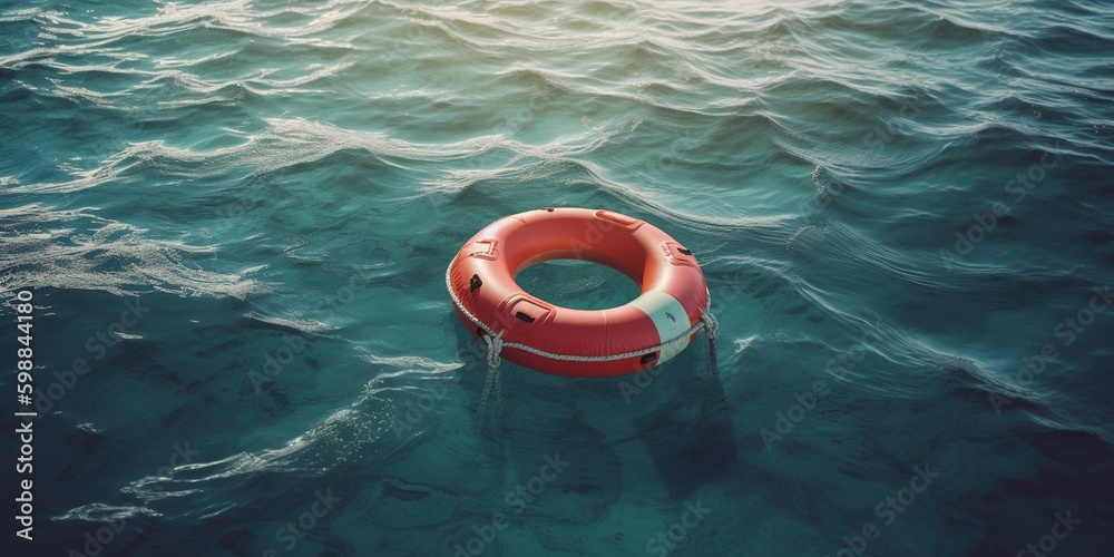 Round red life ring against the background of the ocean. Round red life ring against the background of the ocean.