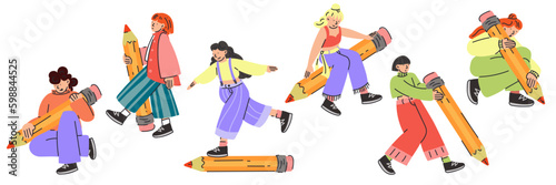 A set of girls with a big pencil. A young student holds a pencil. Cute funny isolated character. Cartoon style. Hand-drawn vector illustration. Drawing, writing, creation, design blogging concept flat