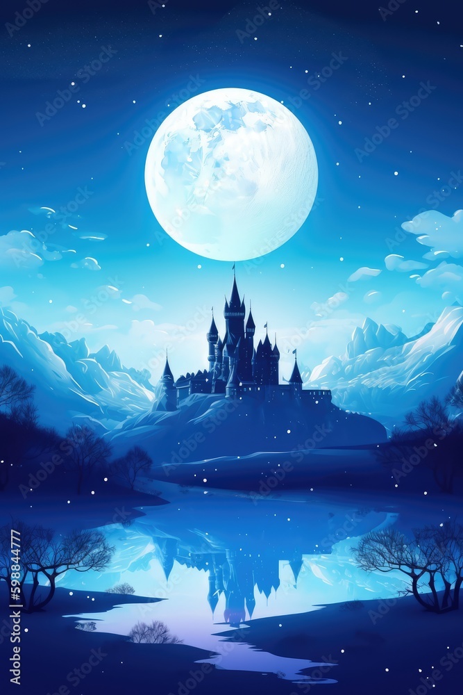 Fototapeta premium Fantasy castle on the mountain under the magical moonlight. Fairy tale scene. Winter wonderland. Generative ai.