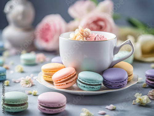 Sweet and colourful french macaroons and coffee mug on retro-vintage background. Ai generated