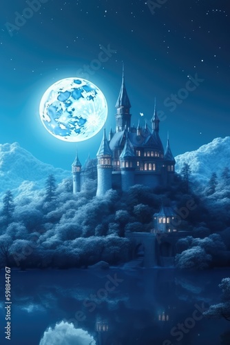 Fantasy castle on icy rock under the magical moonlight. Fairy tale scene. Winter wonderland. Generative ai.